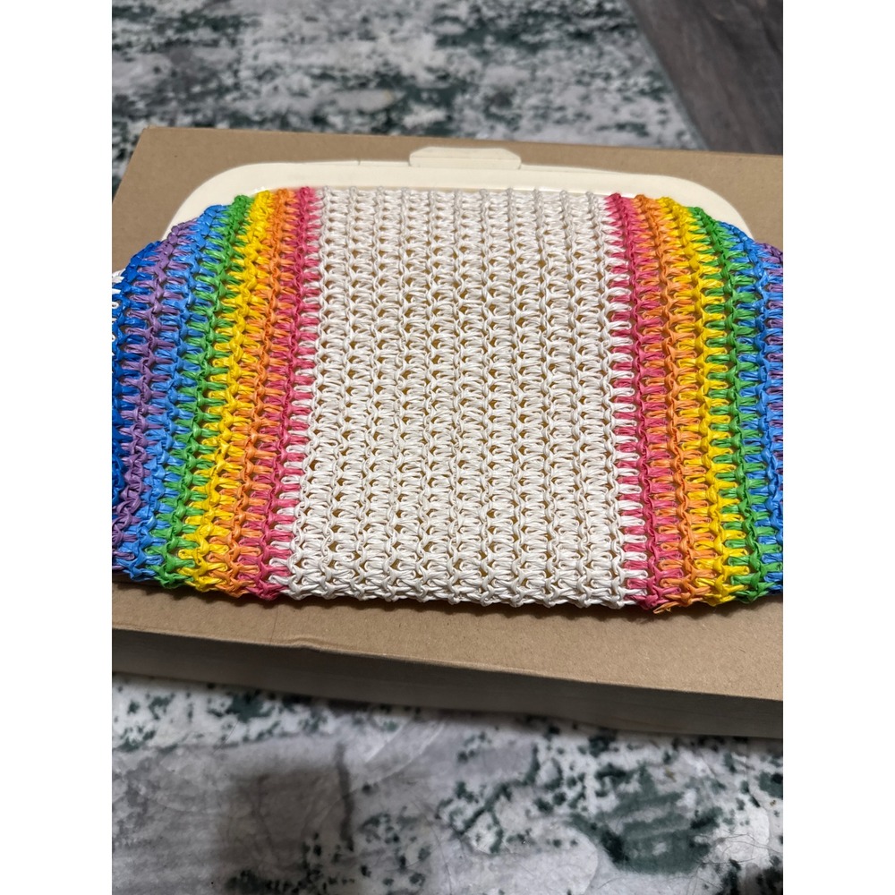 Vintage MCI Rainbow Straw Clutch Bag Cream Plastic Frame Retro Summer Handbag